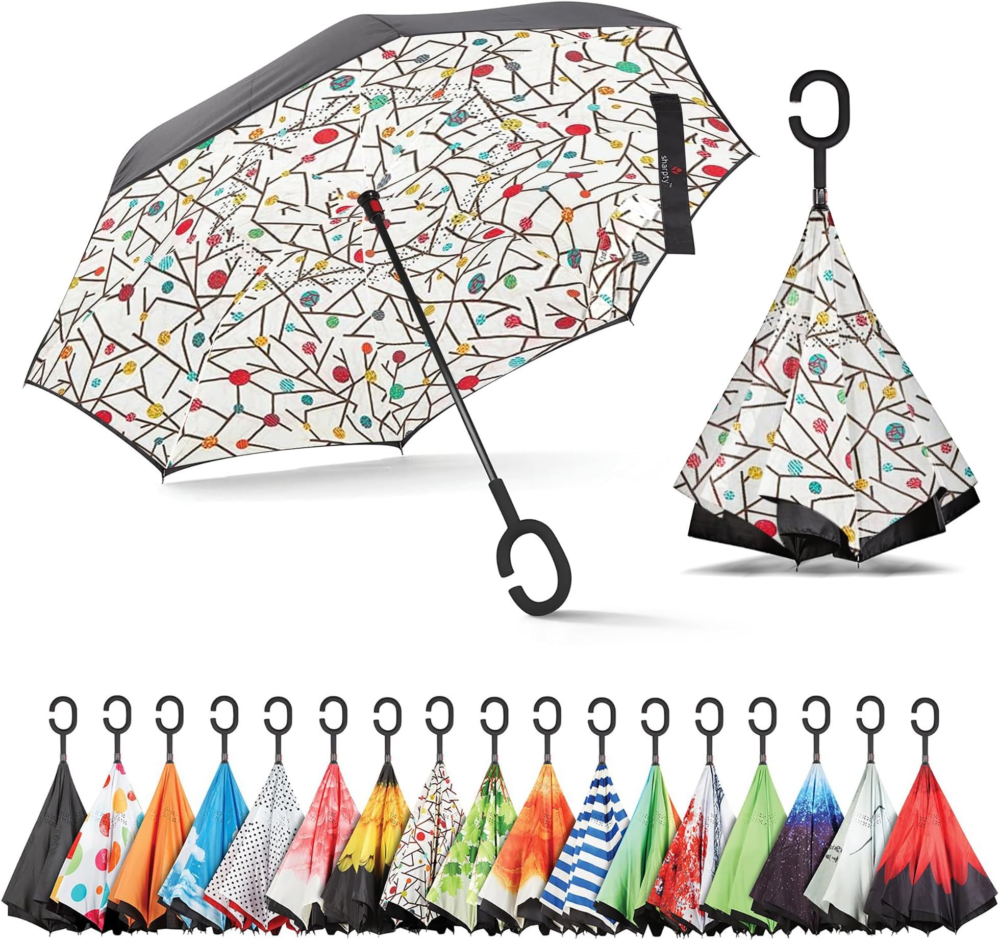 Sharpty Inverted, Windproof, Reverse Umbrella for Women with UV Protection, Upside Down with C-Shaped Handle