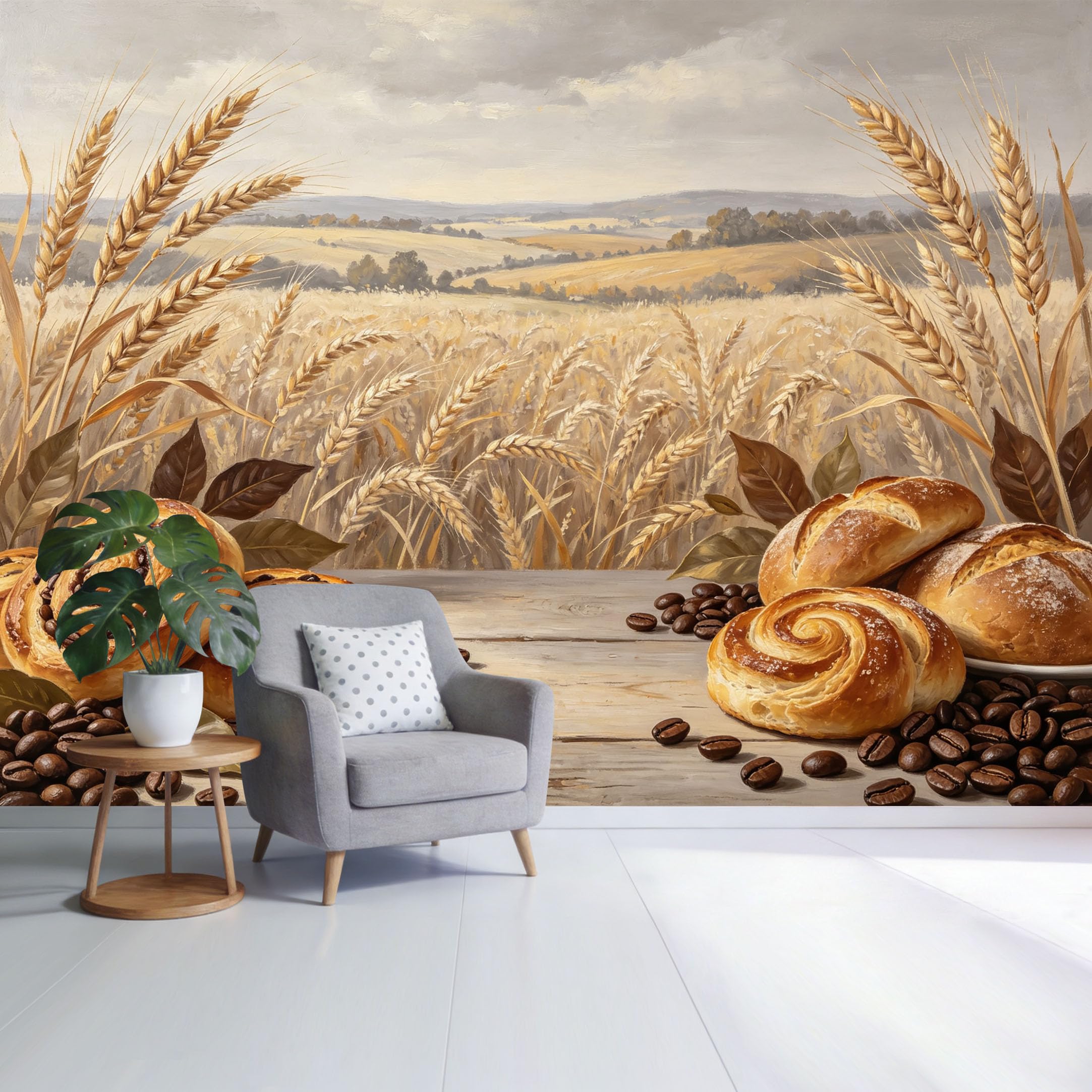 Custom Size Wall Mural Rustic Wheat Field Landscape Bread and Coffee Beans Oil Painting Style SelfAdhesive Wall Fabric Removable Wallpaper for Home Office Decor