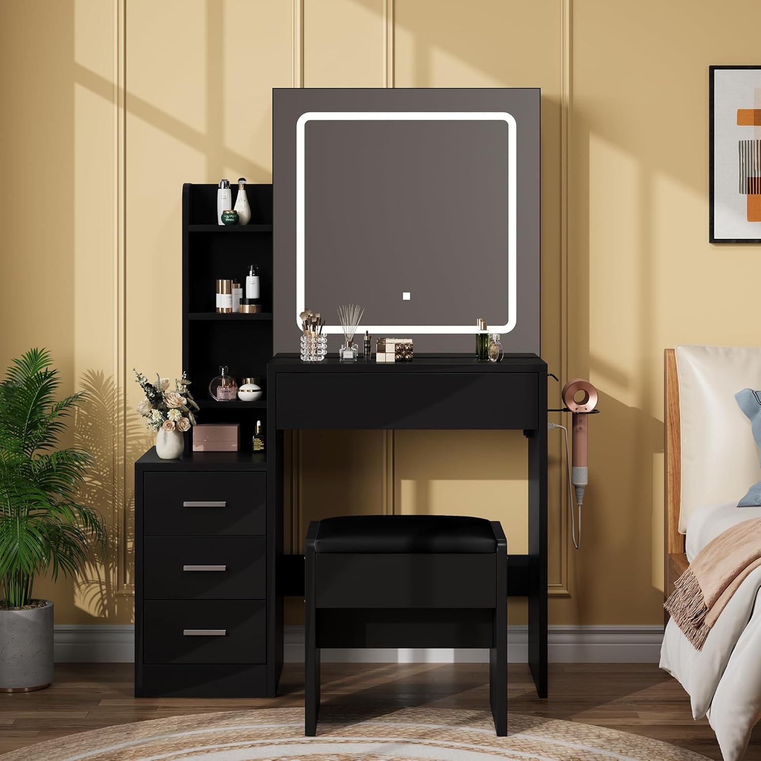 Garvee Sliding Mirror Vanity Set with 3-Level Adjustable Lighting, Stool, Power Outlet, Hairdryer Holder, and Storage Cabinet with Open Shelves and Four Drawers—Perfect for the Living Room—Black