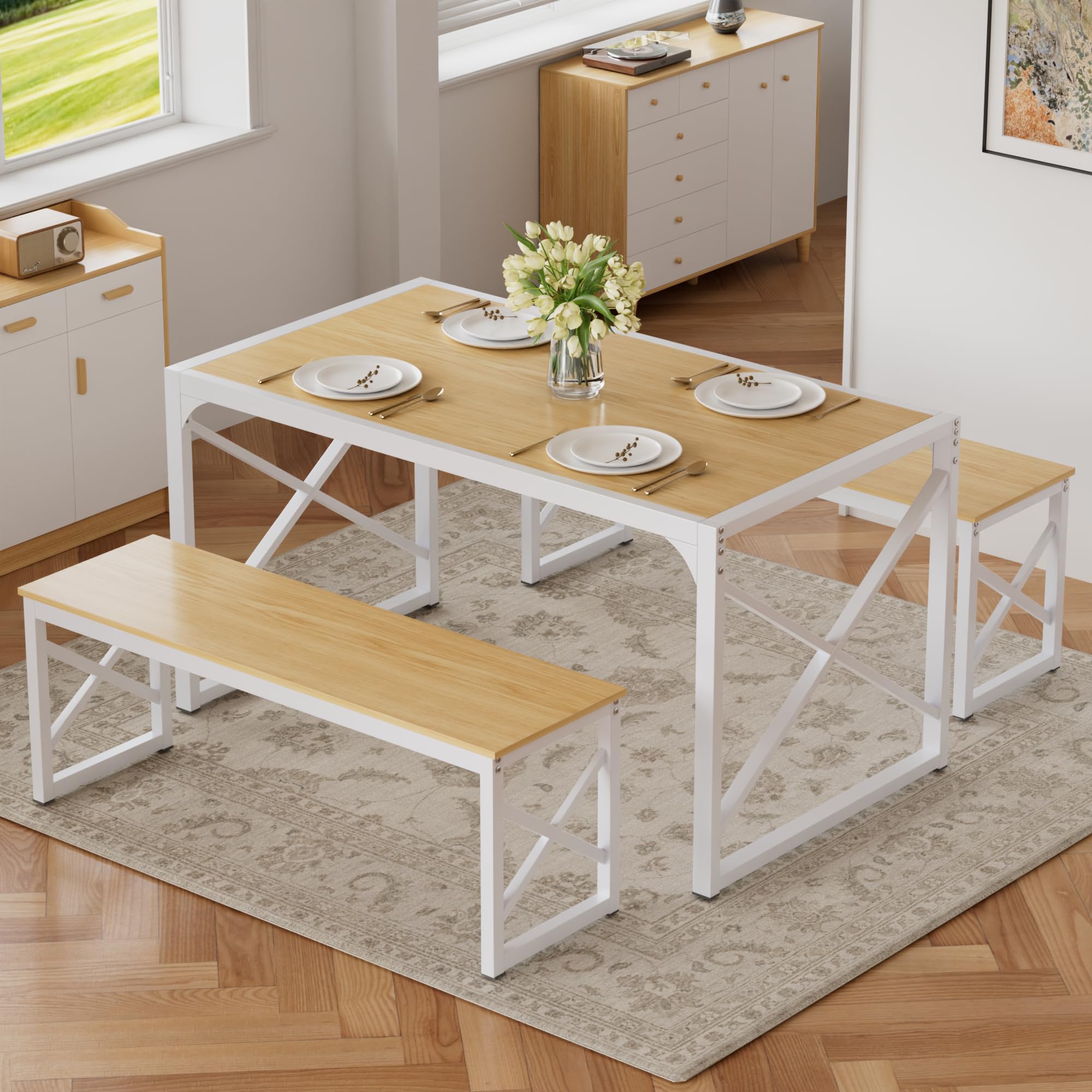 VECELO 55” Kitchen Dining Table Set for 4, Heavy-Duty Steel Frame &amp; Wood-Grain Tabletop, Space-Saving Dinette Sets with 2 Benches for Breakfast Nook and Small Space, Natural