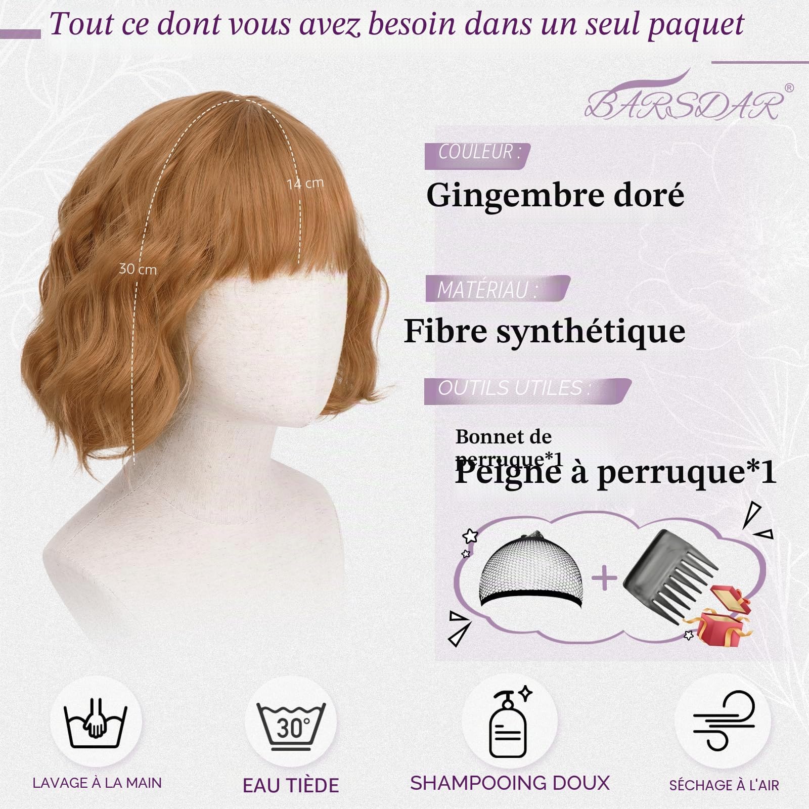 BARSDAR Courte Ondulée Perruque Gingembre Doré avec Franges, Courte Perruque Bob pour Femmes Bouclée Bob Perruques avec Franges Synthétiques D'aspect Naturel Cheveux Perruques Cosplay Utilisation