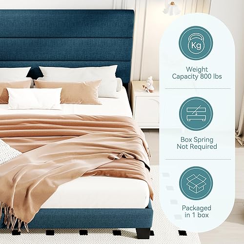 Miniatura 7 de HOOMIC Base de cama de tamaño matrimonial con cabecero, plataforma tapizada de tela, listones de madera fuerte, base de colchón de cama, no necesita