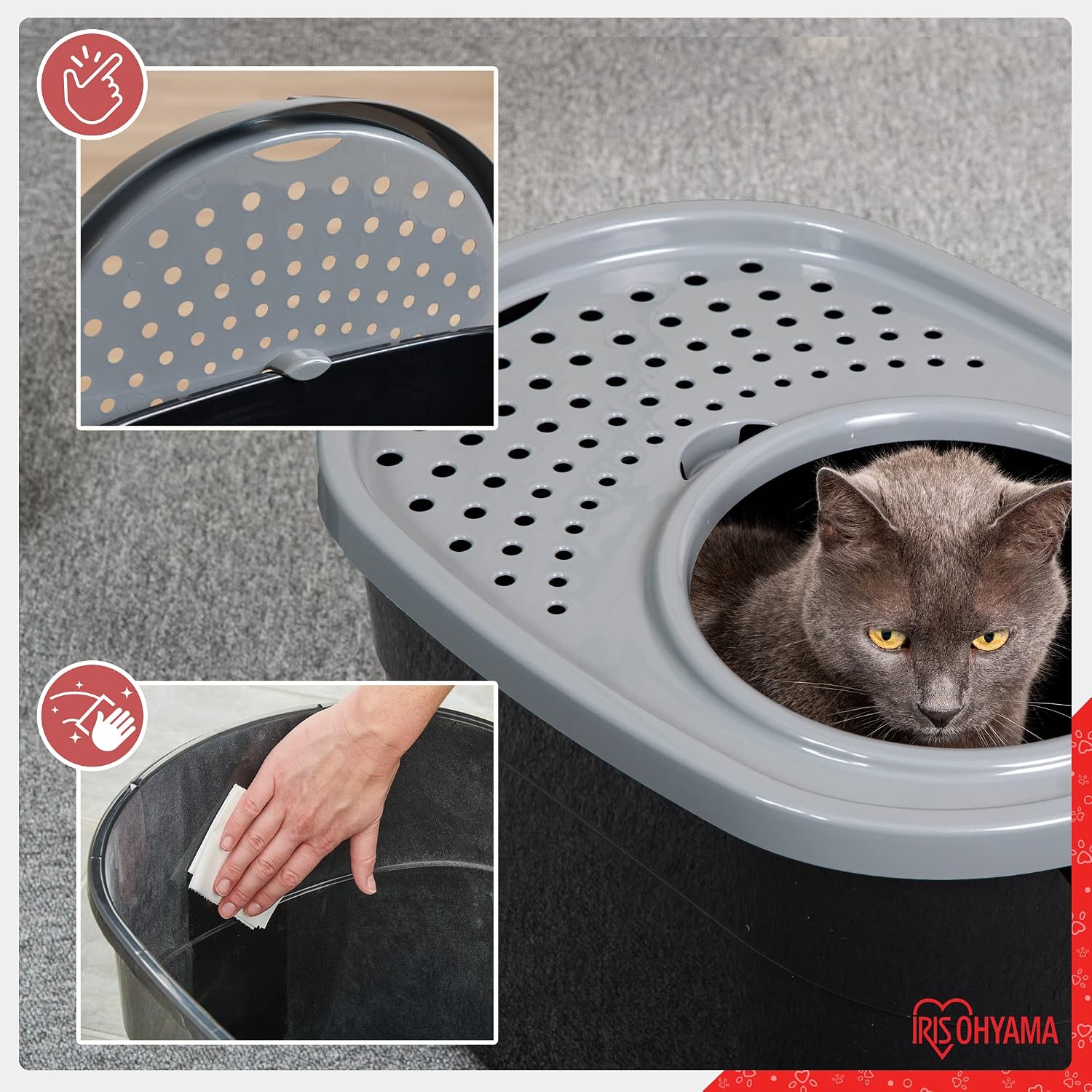 Iris Ohyama, Cat Litter Tray with Perforated lid, no Odor & Litter Spill, Large Entrance, Scoop Included, for cat - Top Entry Cat Litter Box TECL-20 - Black