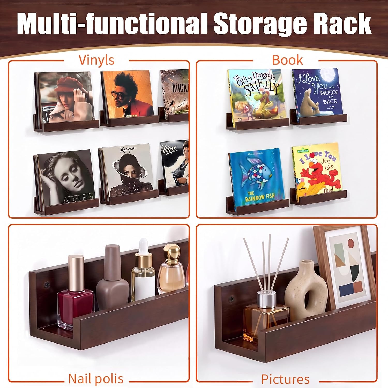 Vinyl Record Holder Wall Mount, Large Wood Shelf, Rustic Brown | Floating Vinyl Record Display Shelf for Bedroom & Living Room, Holds 8-12 Albums, Music Room