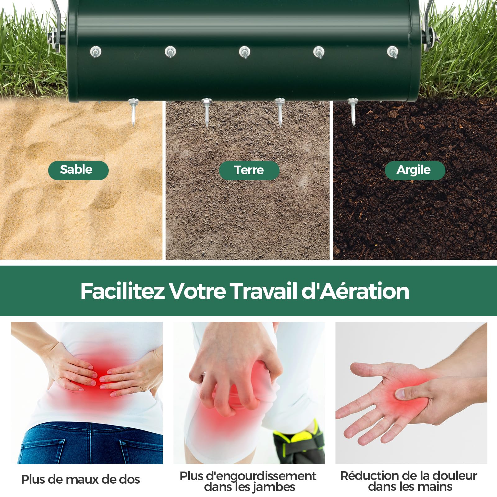 RELAX4LIFE Scarificateur Gazon Manuel 45CM avec Poignée &Rouleau à Pointes Rotatives, Rouleau Aérateur Gazon de Pelouse en Métal pour Jardin Cour Patio (5.5L | 45x130CM, Vert)