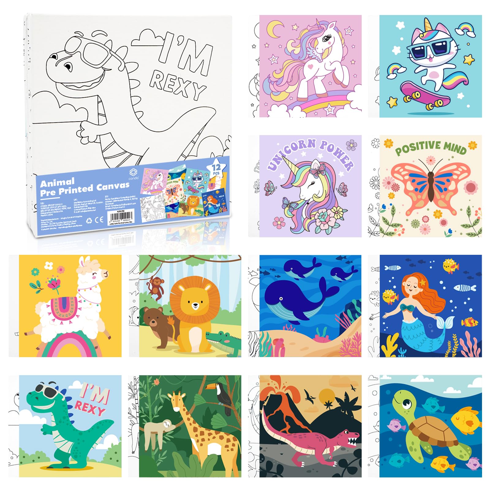 CONDA 12 Pcs Pre Drawn Canvas to Paint 6x6 Inch, Animal Pre Printed Canvas for Painting for Kids Beginners Students, DIY Paint Art Supplies, Painting Canvas Panels and Sip Kit