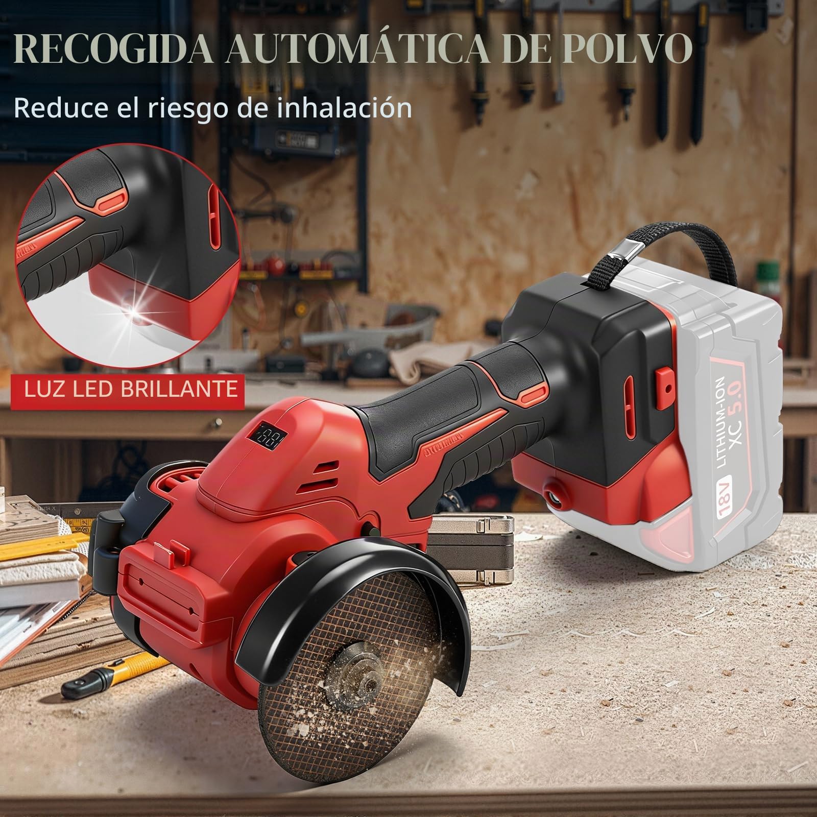 Amoladora Angular a batería 3 Pulgadas para Milwaukee 18V (sin Batería) | 16800 rpm, Mini Amoladora sin Escobillas, Pantalla Digital, 2 Discos de Lijado, 2 de Corte, Protector, Guantes