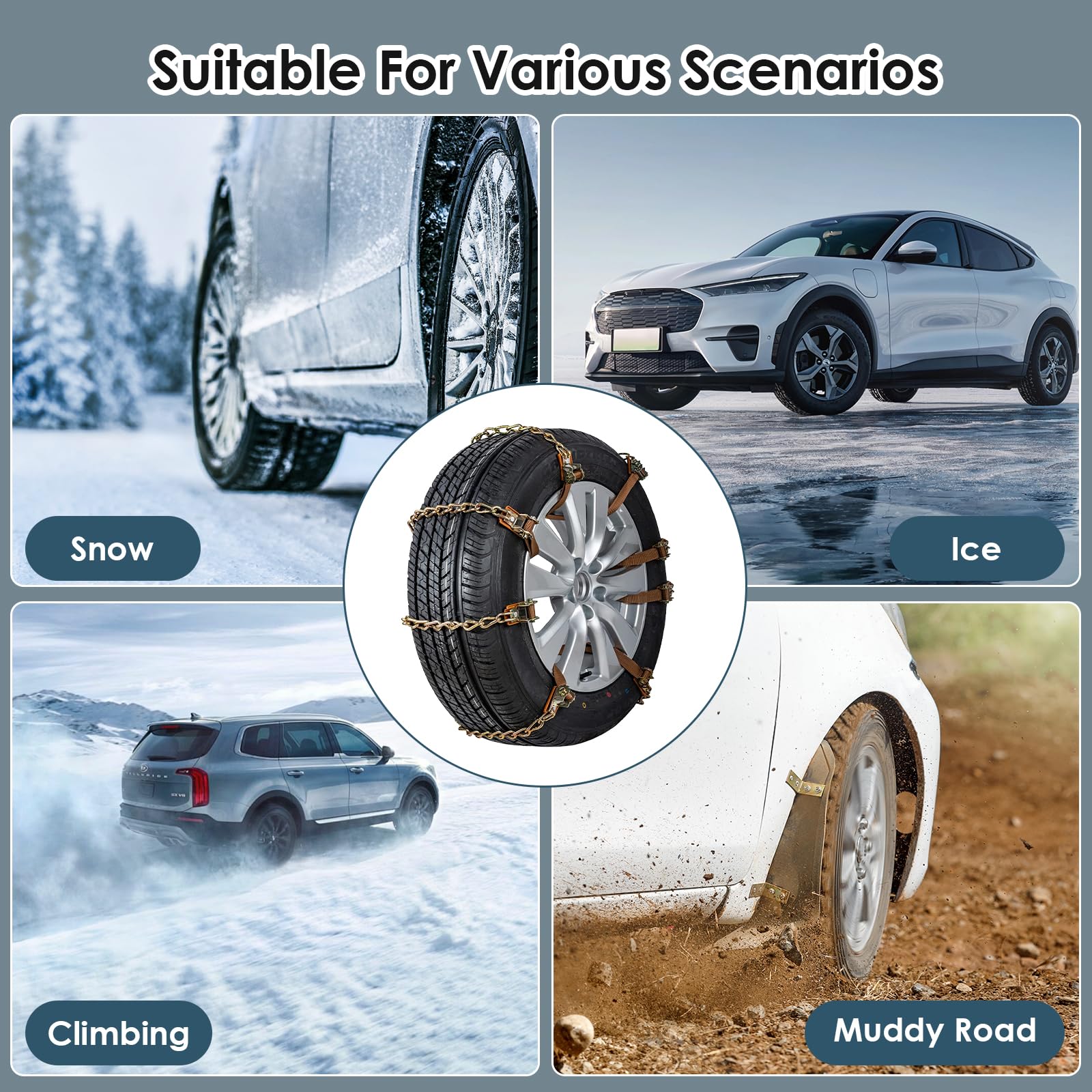 Cadena Nieve Coche 8 PCS para Todos los Tipos de Vehículos Mejorar la fricción del coche Instalación Rápida y Fácil Construcción Robusta y Duradera Cadenas Ruedas Nieve 165mm-265mm