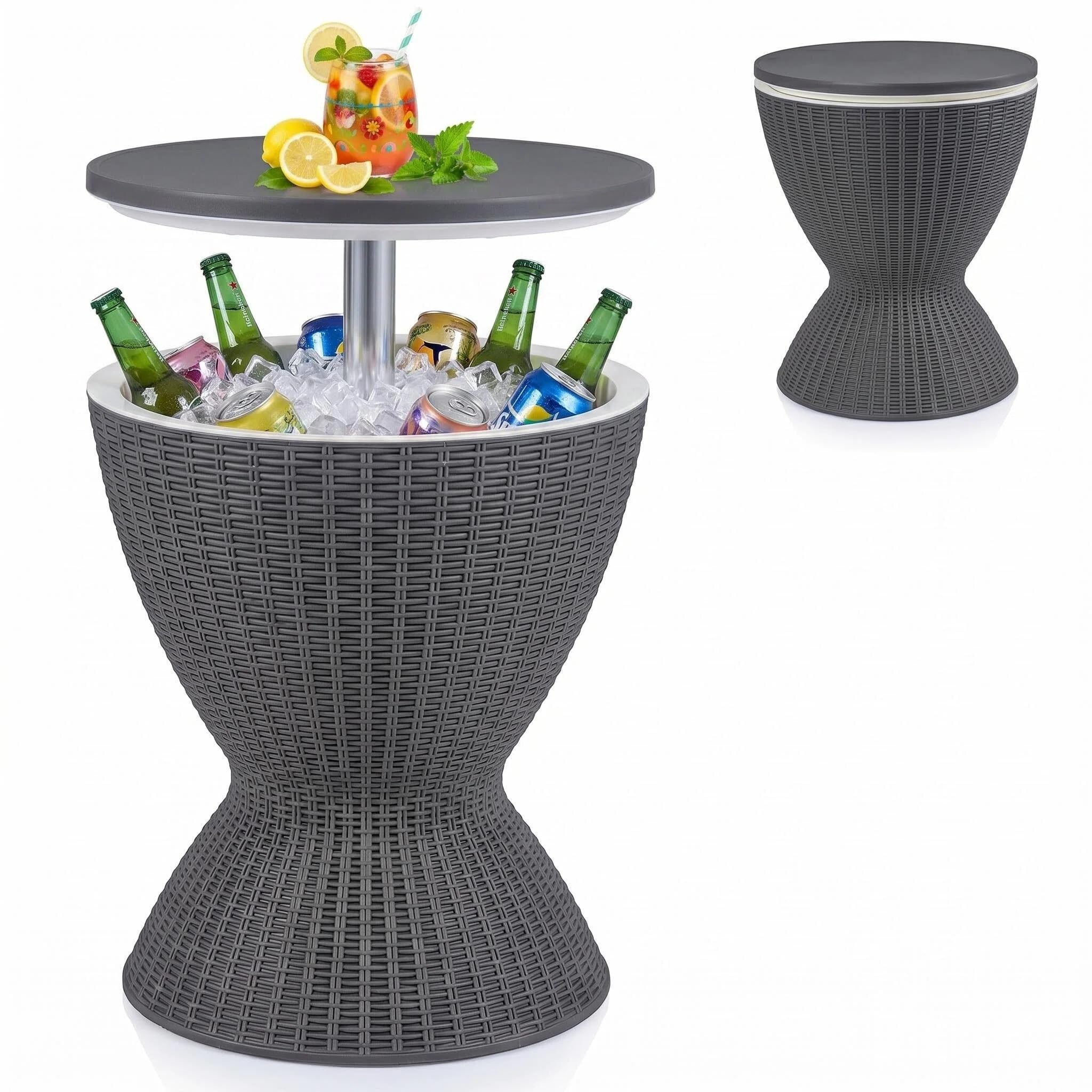 TANGZON 30L Ice Bucket Table, Side Table Beer Cooler with Telescopic Tabletop, All-Weather Outdoor Coffee Cocktail Tables for Backyard Party Poolside