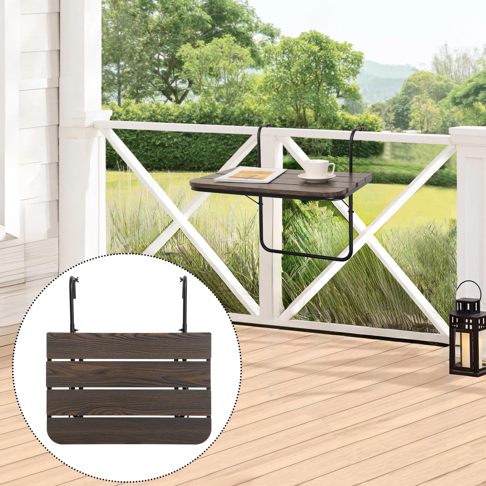 Table de bar pliante pour balustrade de balcon, table de bar réglable à suspendre, table de bar pour extérieur, intérieur, patio, balustre, table de jardin sur balustrade, marron rustique