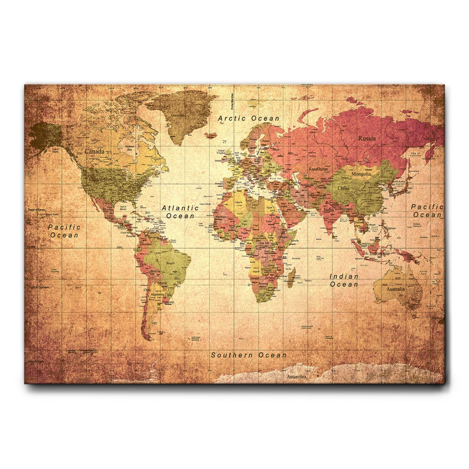 Giallobus - Cuadro - Impresion EN Lienzo - World Map Old - Antiguo Mapa del Mundo - 100 x 140 CM
