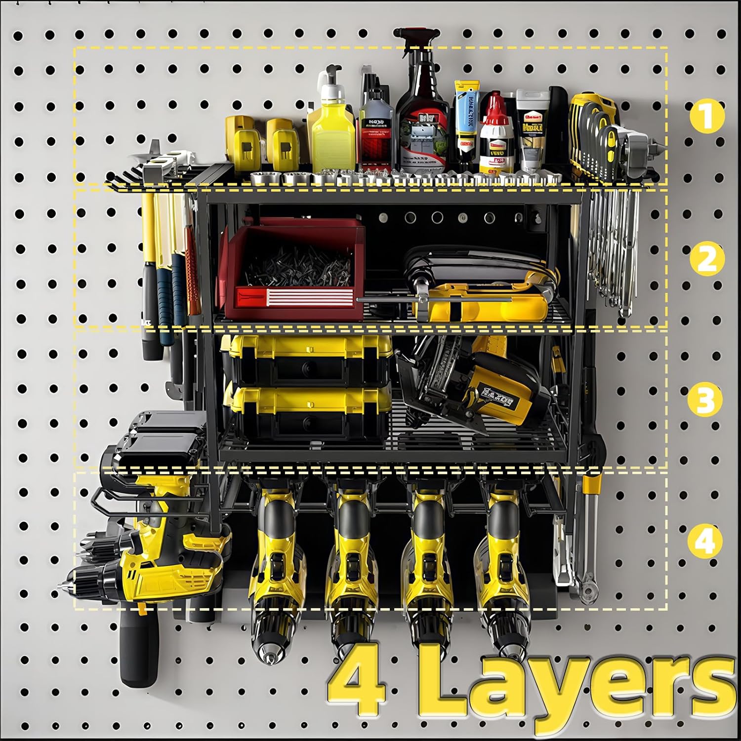 4 Layer Power Tool Organizer Wall Mount, Heavy-Duty Tools Holder with 6 Drill Holder, Utility Racks for Garage Garage & Workshop Storage Rack, Sturdy Construction for Tools, Accessories, and Hammers