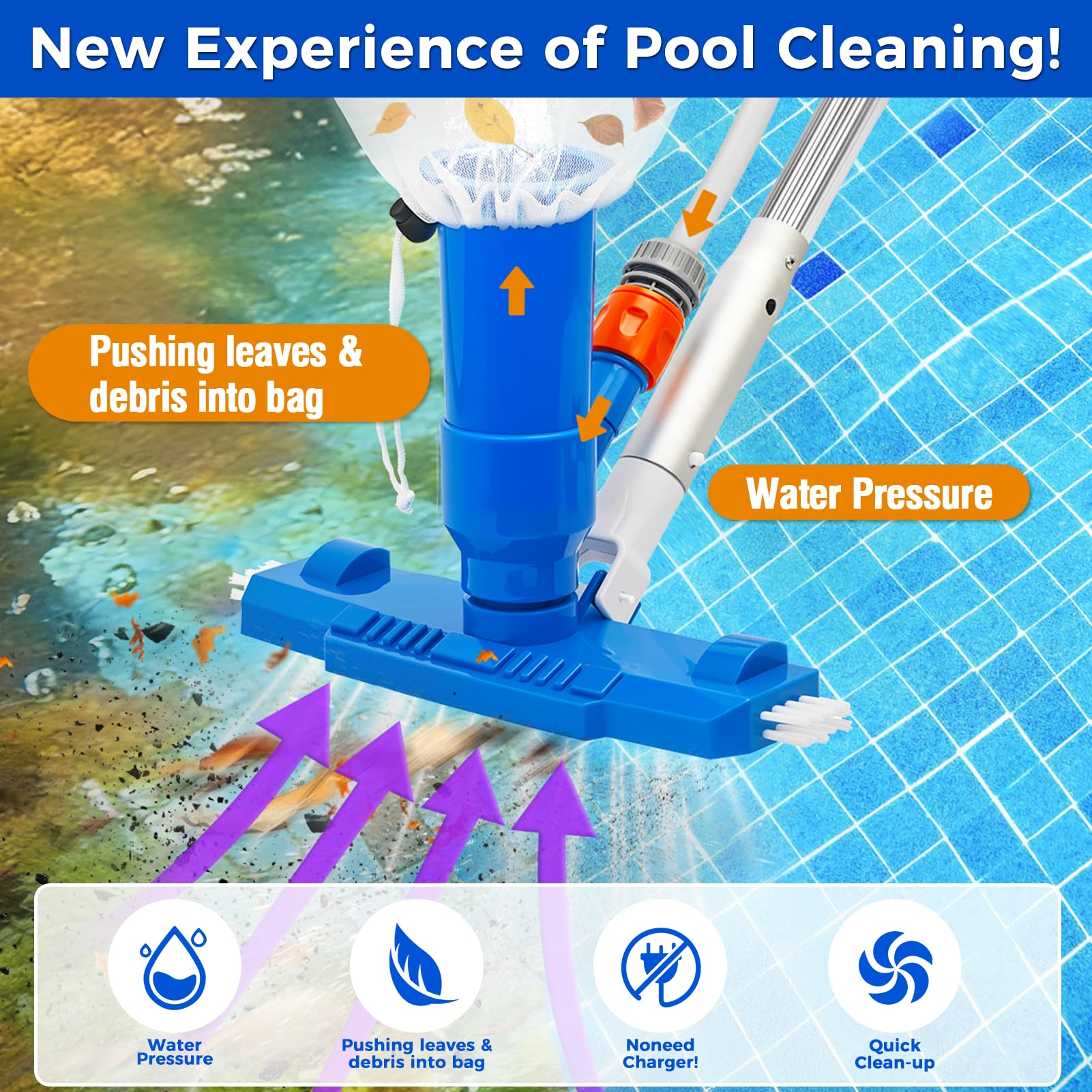 1.4m Pool Cleaning Kit, Swimming Pool Vacuum Cleaner with 5 Pole Sections, Pool Maintenance Kits with Pool Nets, Pond Vaccum Cleaner with Large Capacity Skimmer Net, Hot Tub Vac to Clean Dirty - 4