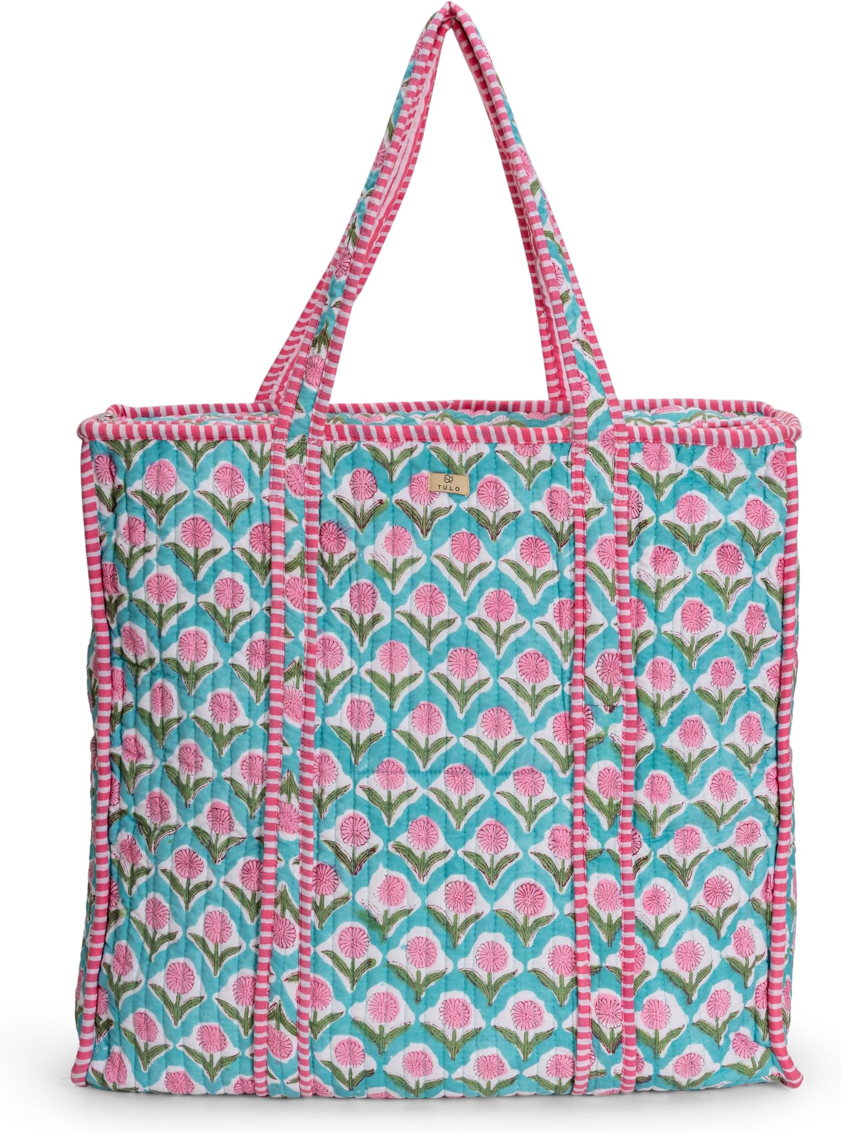 Block Print Tote Bag – Handcrafted Boho Quilted Cotton Shoulder Bag with Pockets for Work, Travel & Daily Use