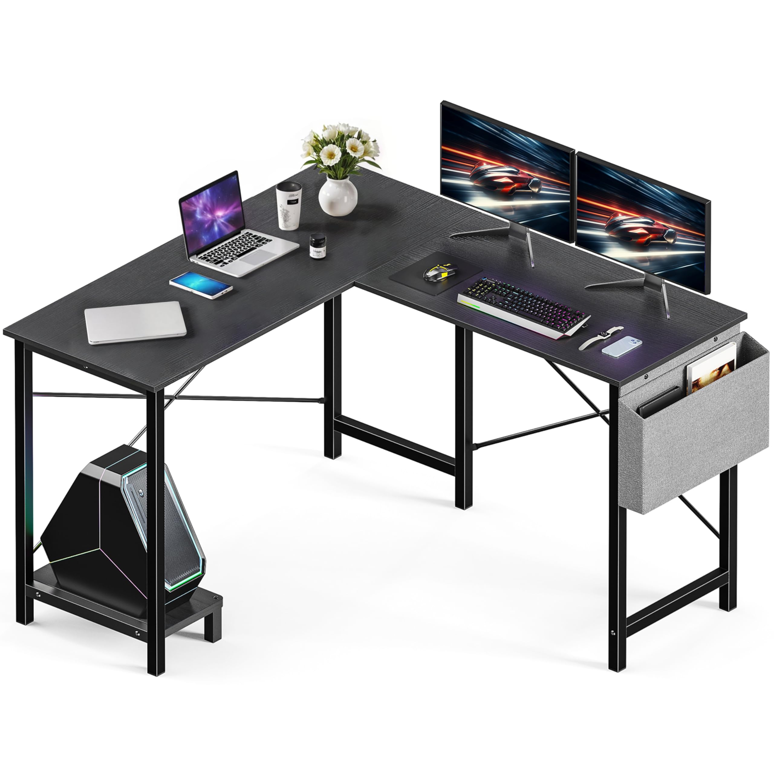 L Shaped Desk Gaming Computer 50 Inch Reversible Corner Table PC for Writing Study Student with Wood Tabletop