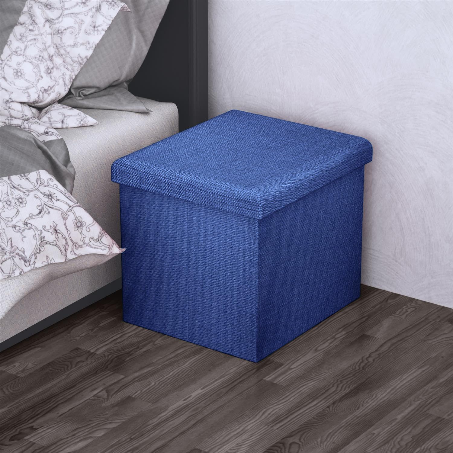 INTIRILIFE Puff Baúl Plegable 38x38x38 cm in Azul MAR - Taburete Almacenaje Tapizado de Textil Tela Óptica Lino per Almacenamiento y Reposapiés - Asiento Silla Tejido Banqueto