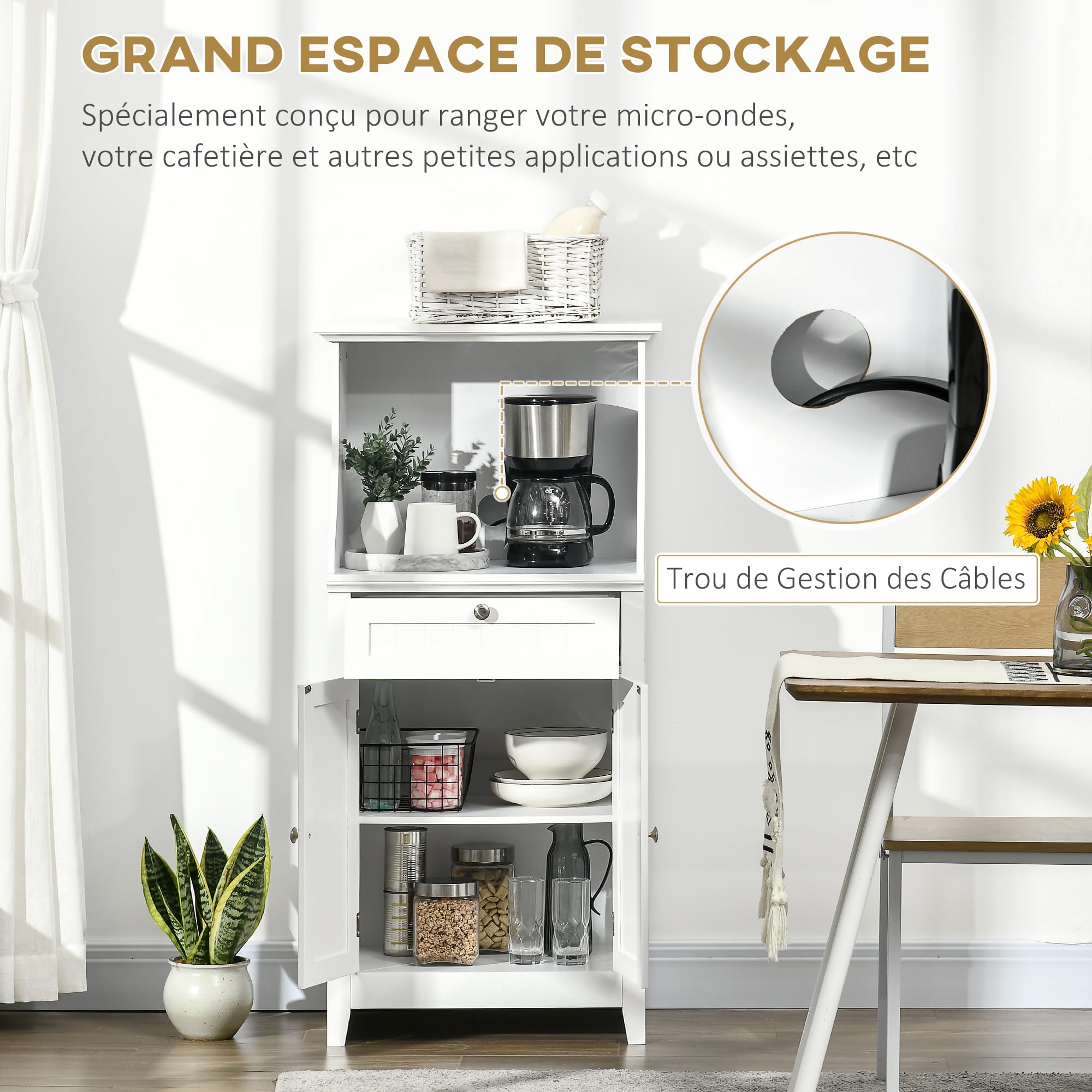 HOMCOM Meuble Micro-Ondes avec 1 Tiroir 2 Portes 60 x 40 x 122,5 cm Blanc