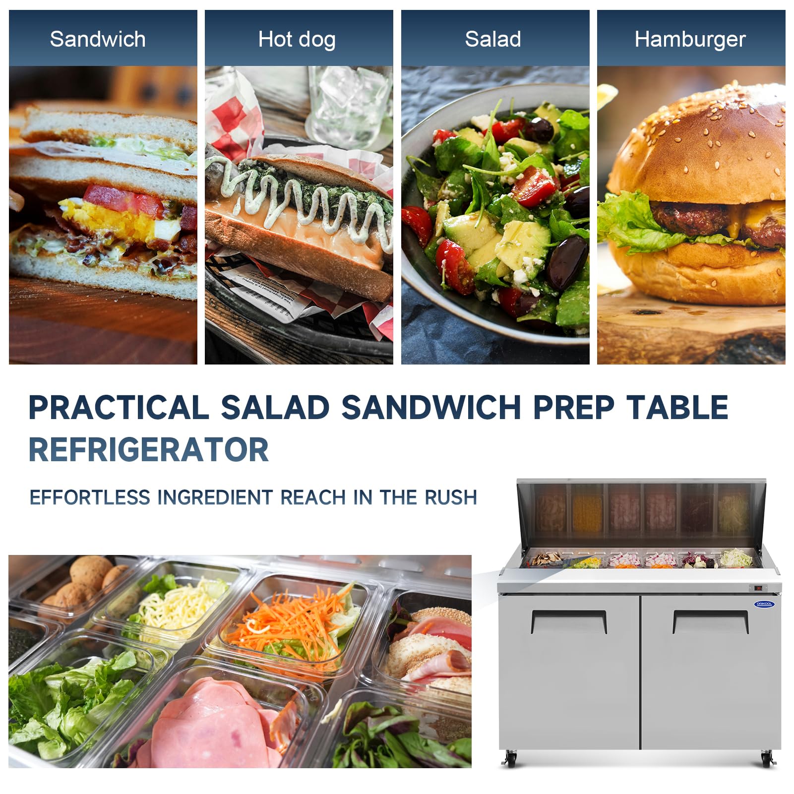 Dvasovio 48" Commercial Refrigerator Salad Sandwich Prep Table Refrigerators 2 Door 13.8 Cu.ft Stainless Steel Refrigerated Mega Top on Fridge.com