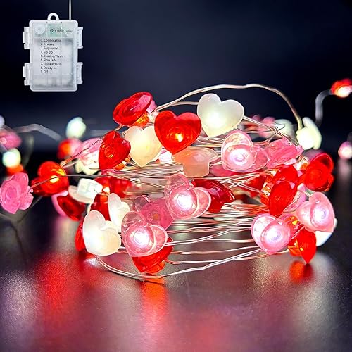 Miniatura 9 de Guirnalda de luces para decoración del día de San Valentín, paquete de 2 unidades en total de 26 pies, 80 luces LED de color blanco, rosa, rojo,
