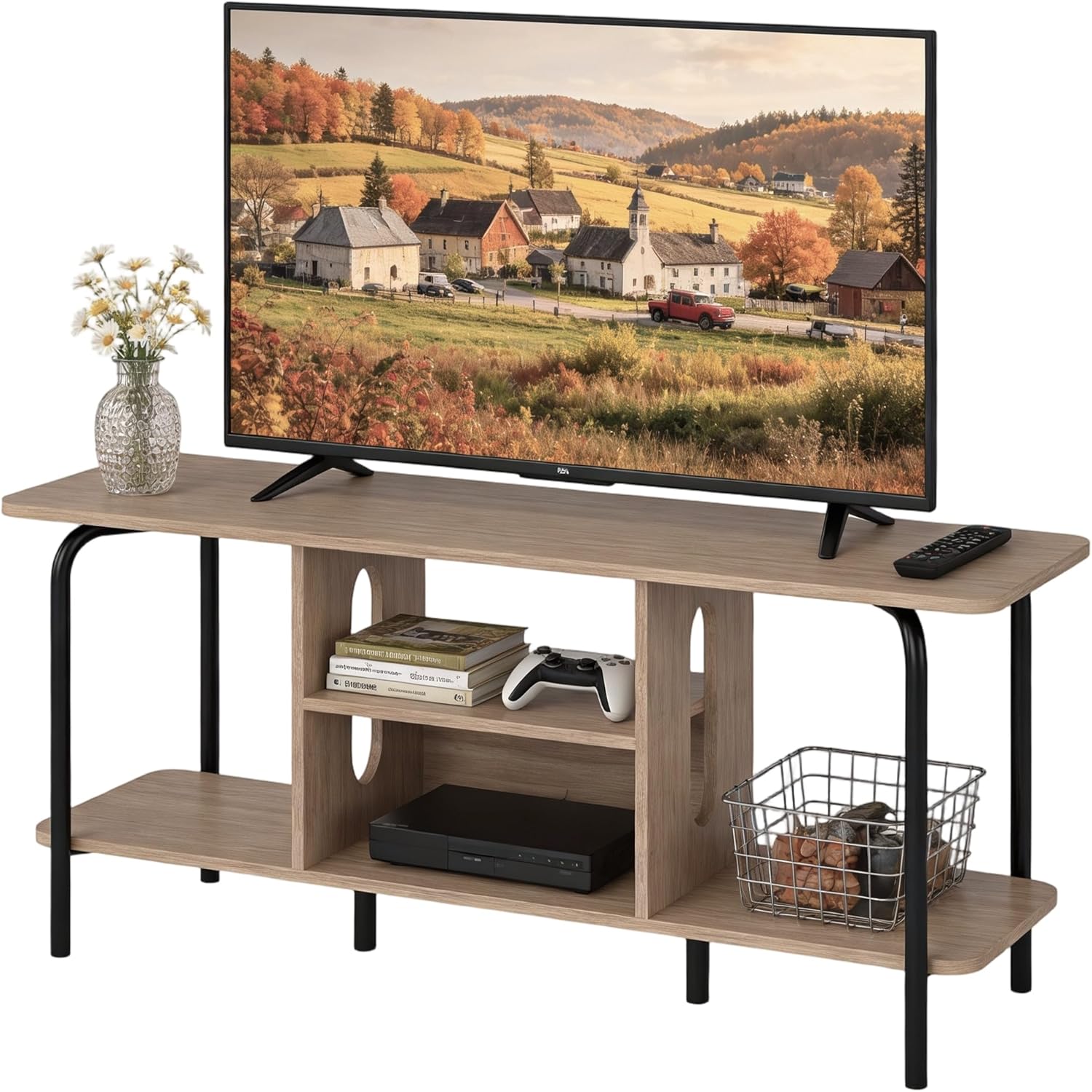 Manora TV Stand for TVs up to 55 Inch, Simple Modern Entertainment Center with 3 Tier Open Storage Shelves, TV Console Table for for Living Room, Bedroom, Oak