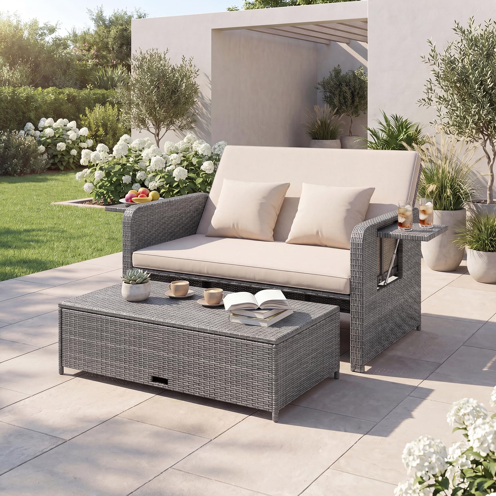 LIFEZEAL Salon de Jardin Extérieur avec Tabouret & Coussin pour 2 Personnes, Dossier Inclinable 4 Positions, Bain de Soleil Rotin PE, Table Appoint, 2 Oreillers, Charge 360 kg (Beige, Style 2)