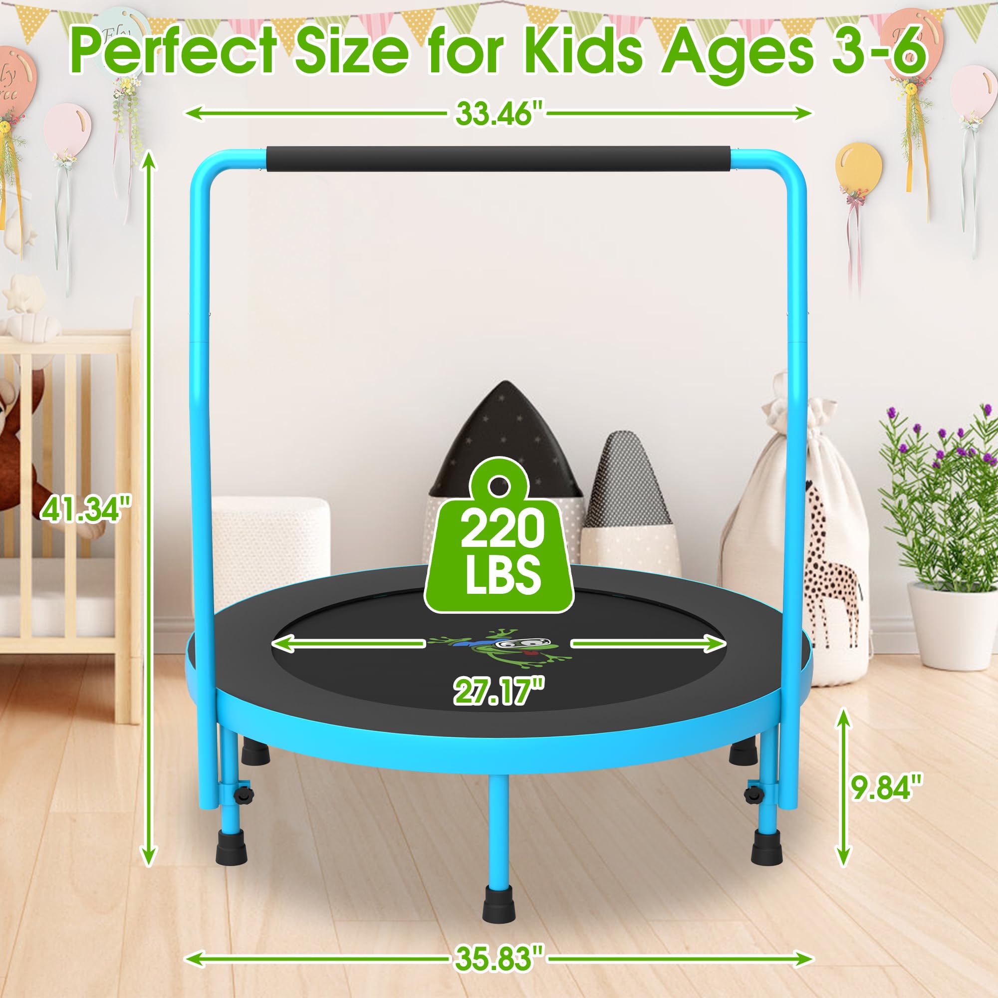 Jump Into Fun 36’’ Mini Tranpoline for Kids, 3FT Toddler Tranpoline with Handle, Foldable Kids Tranpoline Indoor/Outdoor for Toddlers Ages 3-6, Small Fitness Rebounder Tranpoline, Blue & Black