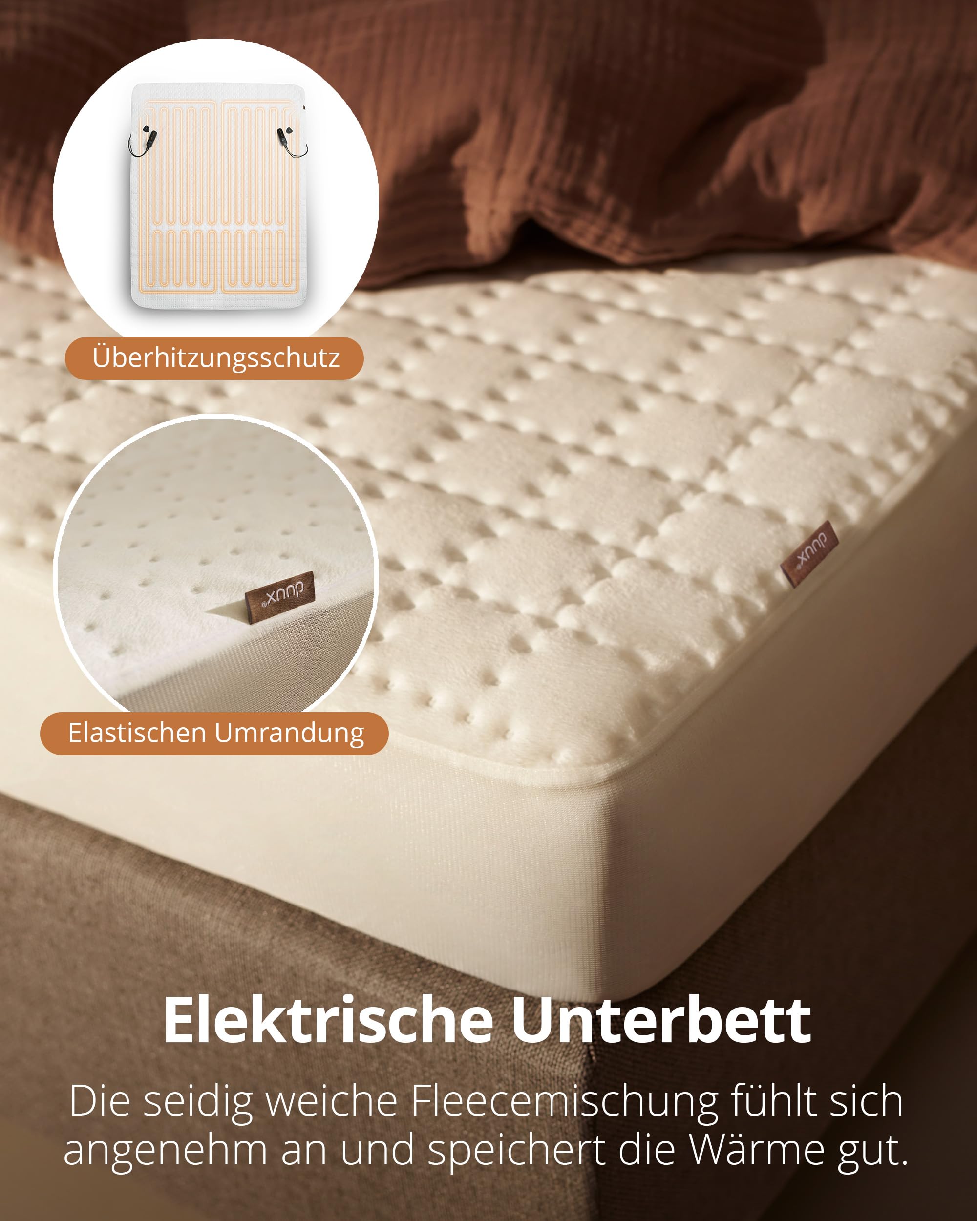 Duux Snooze Fleece Elektrische Unterdecke – Weiche Fleece-Deckschicht – 6 Heizstufen & Timer – 2 Zonen für Körper und Füße – Waschbar – 140x200 cm