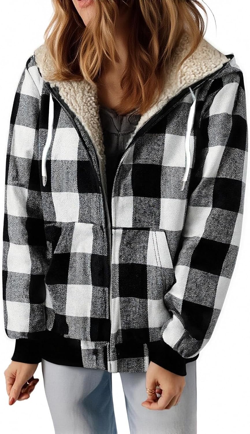 Women's Plaid Flannel Jackets Casual Full Zip Up Sherpa Lined Hoodie Coats Winter Fuzzy Warm Outwear with Pockets