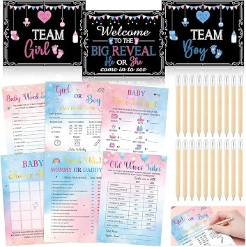Meooeck 173 Pcs Gender Reveal Games for 25 Guests 6 Funny Baby Shower Games with 20 Pencils Boy or Girl Gender Reveal Ideas Baby Bingo Prediction Guess Mommy or Daddy Old Wives Tales Word Scramble