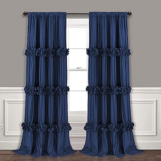 Homechoice Decor Thermal Insulated Blackout Window Curtains, 54" W x 84" L (Pair), Boho Ruched Window Treatments with 3 Rows of Butterfly Flowers, Rustic Rod Pocket Drapes for Room, Navy (LQ-30)