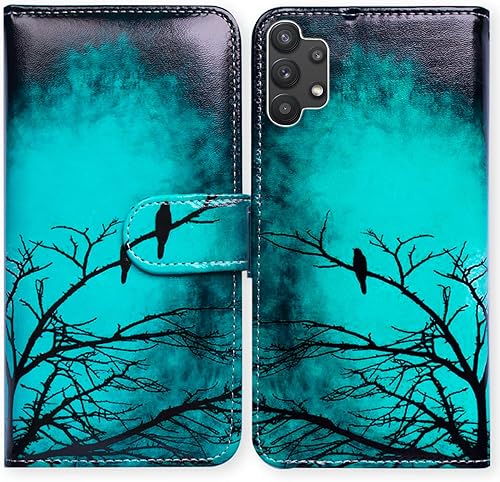 Funda para Galaxy A32 5G, diseño de pájaro negro y verde con tapa para teléfono con ranura para tarjetas, soporte para Samsung Galaxy A32 5G 2021