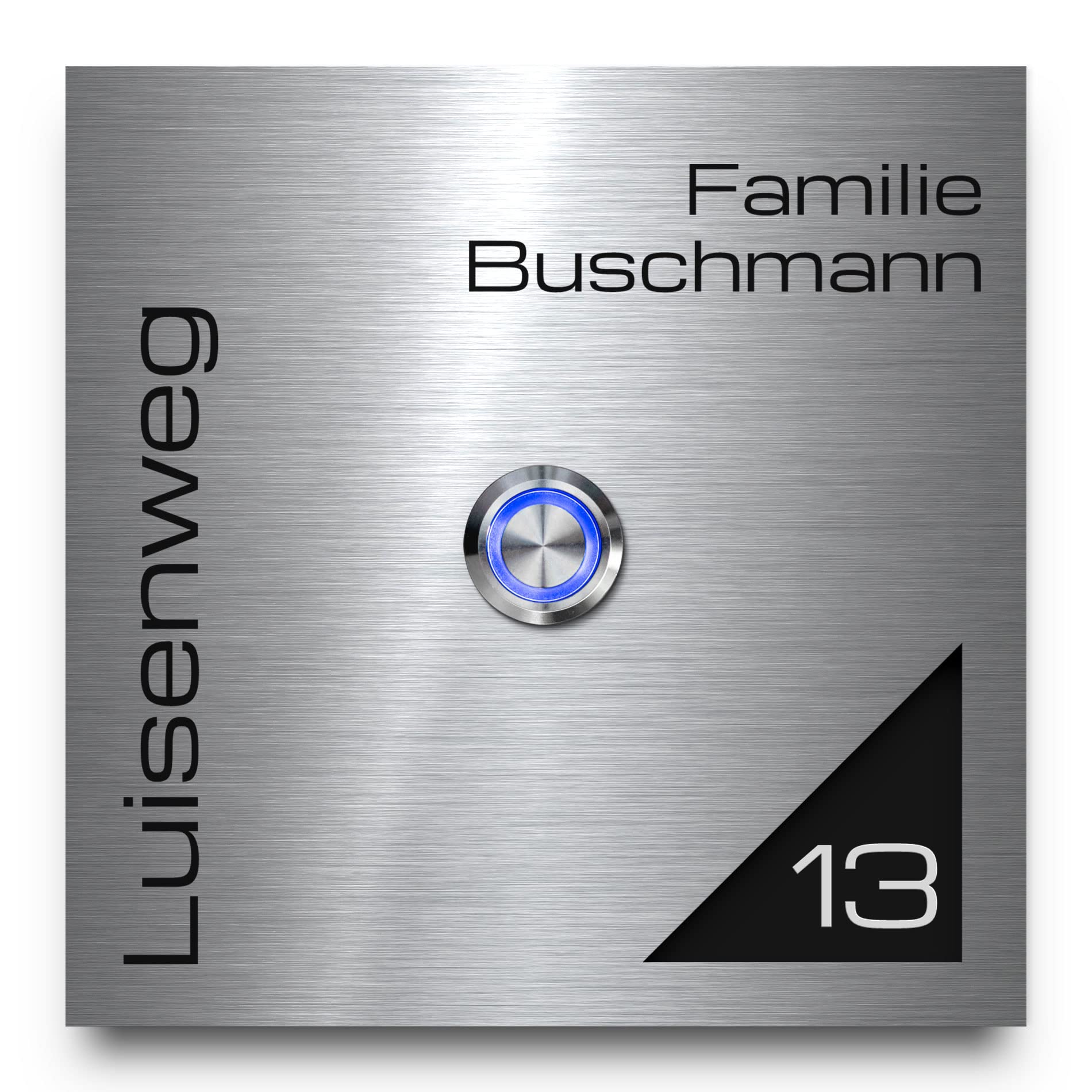 Designer Edelstahl Türklingel mit Gravur 12x12 cm freier Motivauswahl und LED Klingelknopf Klingelschild Edelstahl und Hochglanz Acrylglas Modell: Buschmann-A