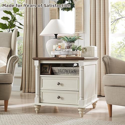 Miniatura 5 de T4TREAM Mesa auxiliar de granja de 24 pulgadas con 4 pies de madera maciza, mesa auxiliar grande con 2 cajones de ancho para sofá con estación de