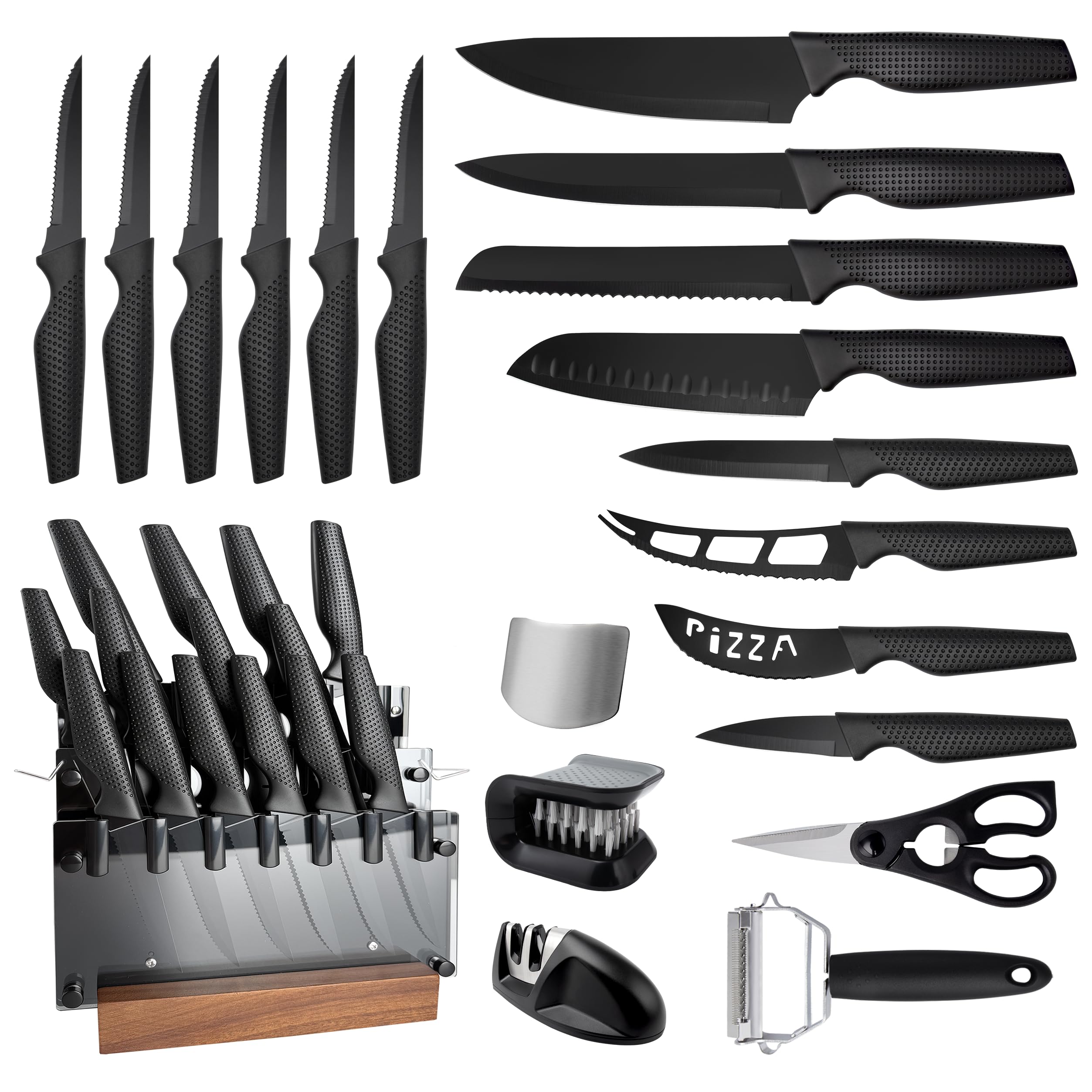 Knife Set 20 Pcs Kitchen Knife set with block German Stainless Steel Dishwasher Safe Anti-slip Handle Black