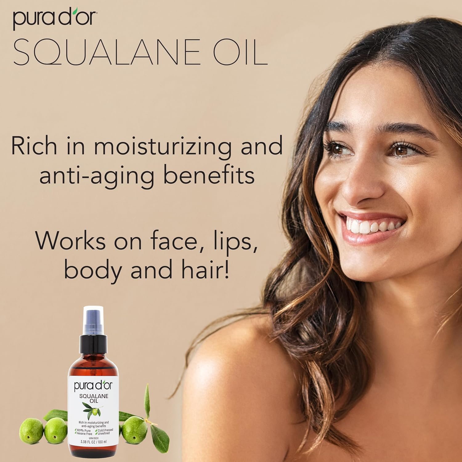 PURA D'OR 3.38 Oz Squalane Oil - Non-GMO 100% Pure & Natural - Moisturizer For Face, Hair And Body - Vegan, Cruelty-Free with Anti-Aging Benefits - Men & Women - Travel Size - Image 4