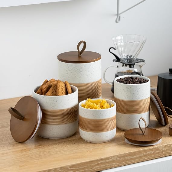 Miamolo Large Storage Containers with Lids, Ceramic Coffee Container Kitchen Food Storage Jars for Spice Sugar Tea Bag, Stackable Decorative Jars for Counter, White & 61 fl.oz