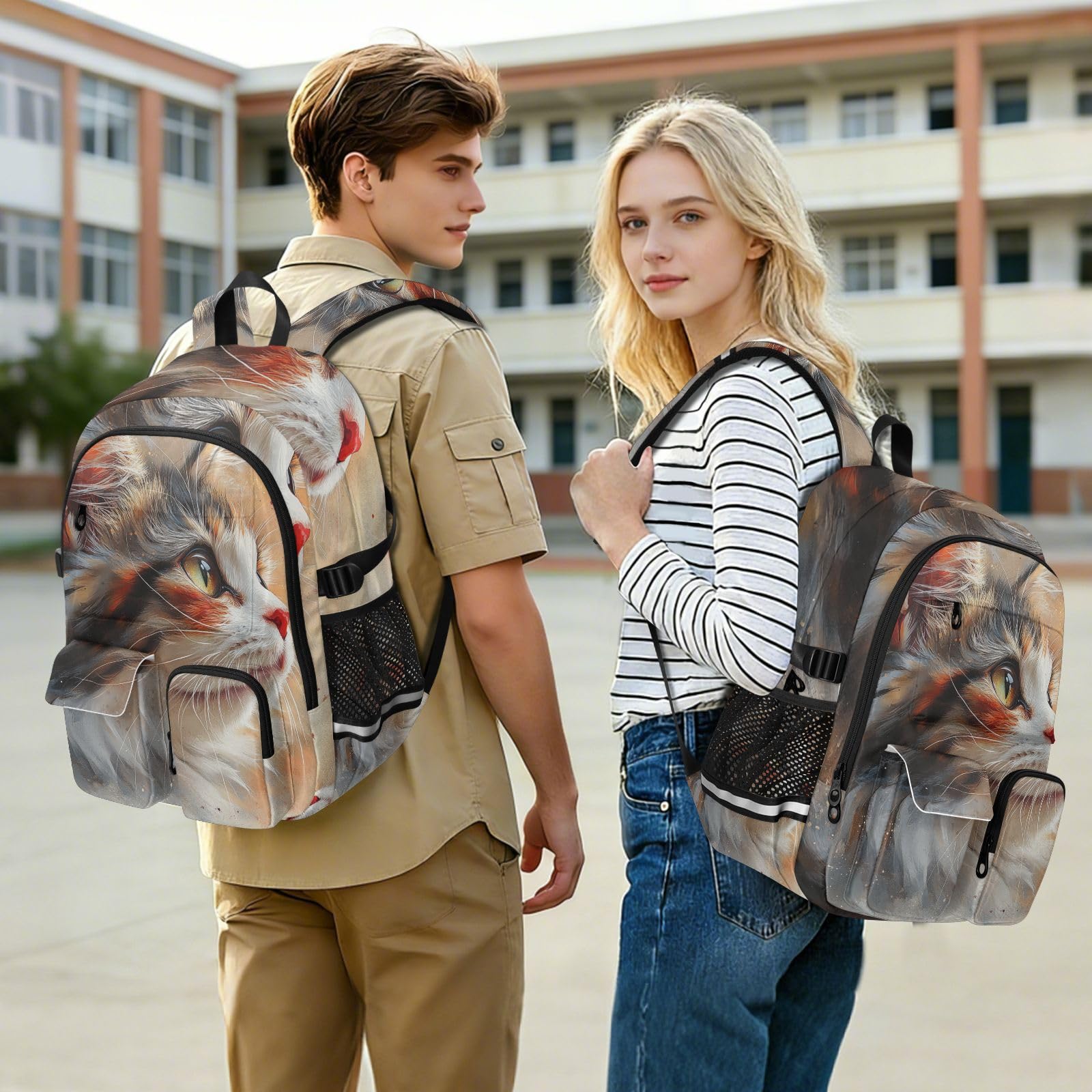 Grand sac à dos de voyage pour homme - Motif chat mignon - Style bohème - Pour adolescents et garçons - 44,5 cm