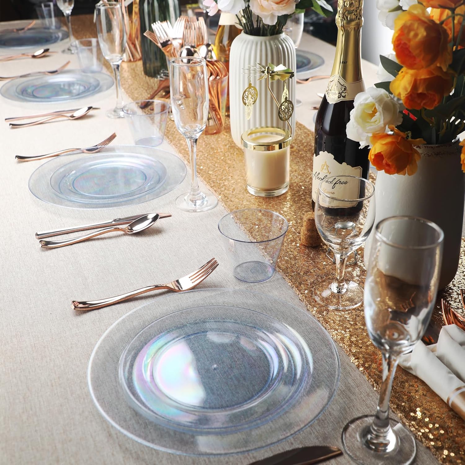 Homy Feel 60PCS Blue Glitter Plastic Plates -Include 30 Dinner & 30 Dessert Plate for New Year Christmas Birthday Wedding Party