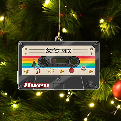 Adorno de Navidad con cinta de casete personalizada, plano 2D, decoración musical retro con diseño de arcoíris, adorno único de árbol para fanáticos