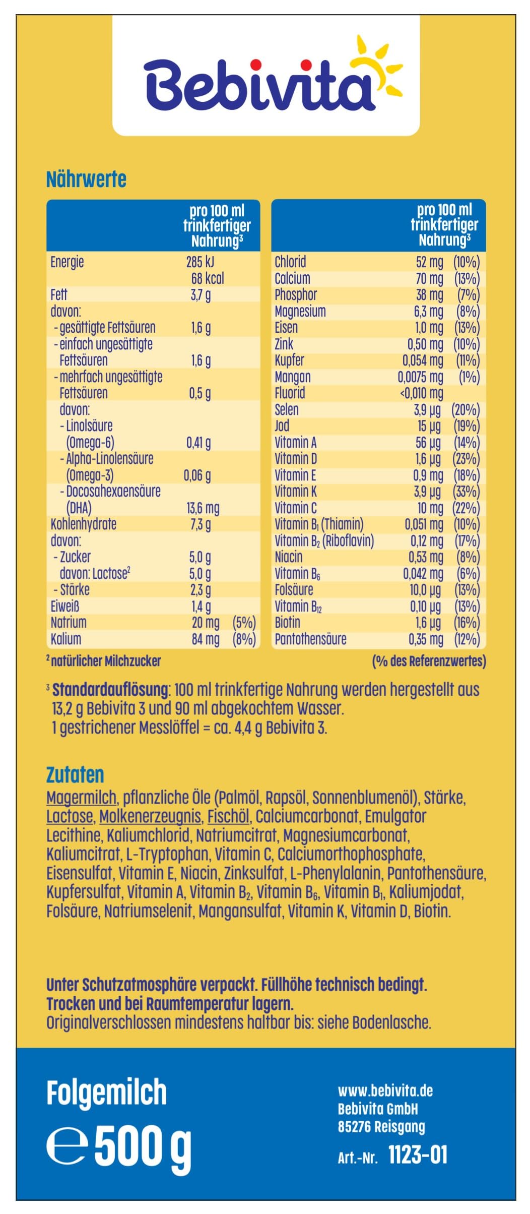 Bebivita 3 Folgemilch (4 x 500g), ab dem 10. Monat, mit Vitamin C und D, Omega-3 (DHA,ALA), altersgerecht sättigend