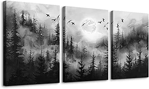 DZRWUBHS Black And White Wall Paintings Wall Art For Living Room Canvas Wall Decor For Bedroom Modern Office Decorations Misty Forest Landscape Abstract Wall Pictures Wall Hanging Room Home Decor