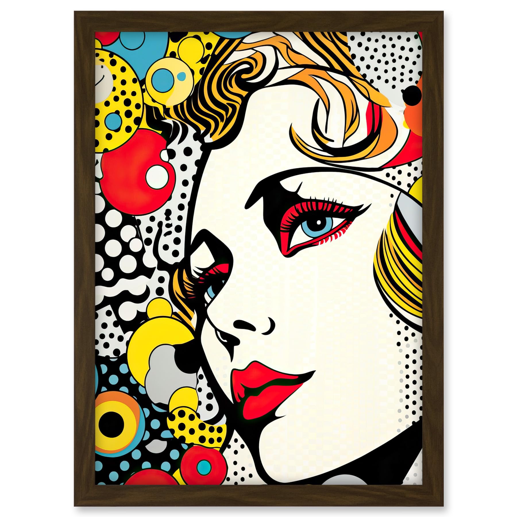 Artery8 Woman Face Geometric Patterns Bubbles Comic Book Style Pop Art Teen Room Halftone Artwork Framed A3 Wall Art Print