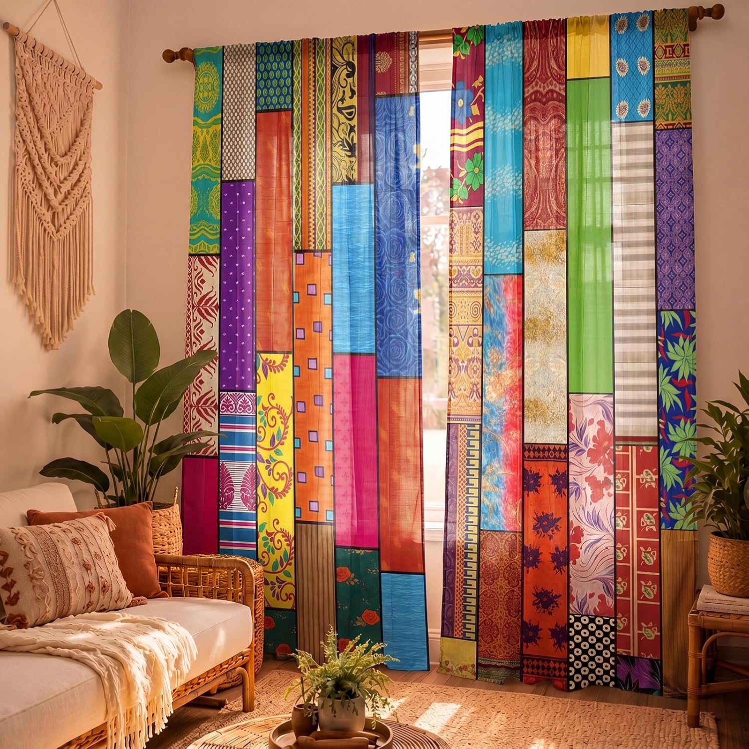 Indian Vintage Silk Blend Sari Curtains 1 Pair of 82 x 43 Inch Indian Imitation Patchwork Curtains Multi Color Bed Canopy Panel Tapestry or Window Treatment Handmade Drapes Home Bedroom Decor(Vintage)