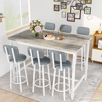 DKLGG 7-Piece Dining Table Set, 50" Bar Table Set for 6 with MDF & Metal Frame, Tall Dining with 6 PU Leather Chairs, Saving Space Pub and Chairs Sets for Bar, Kitchen, Grey