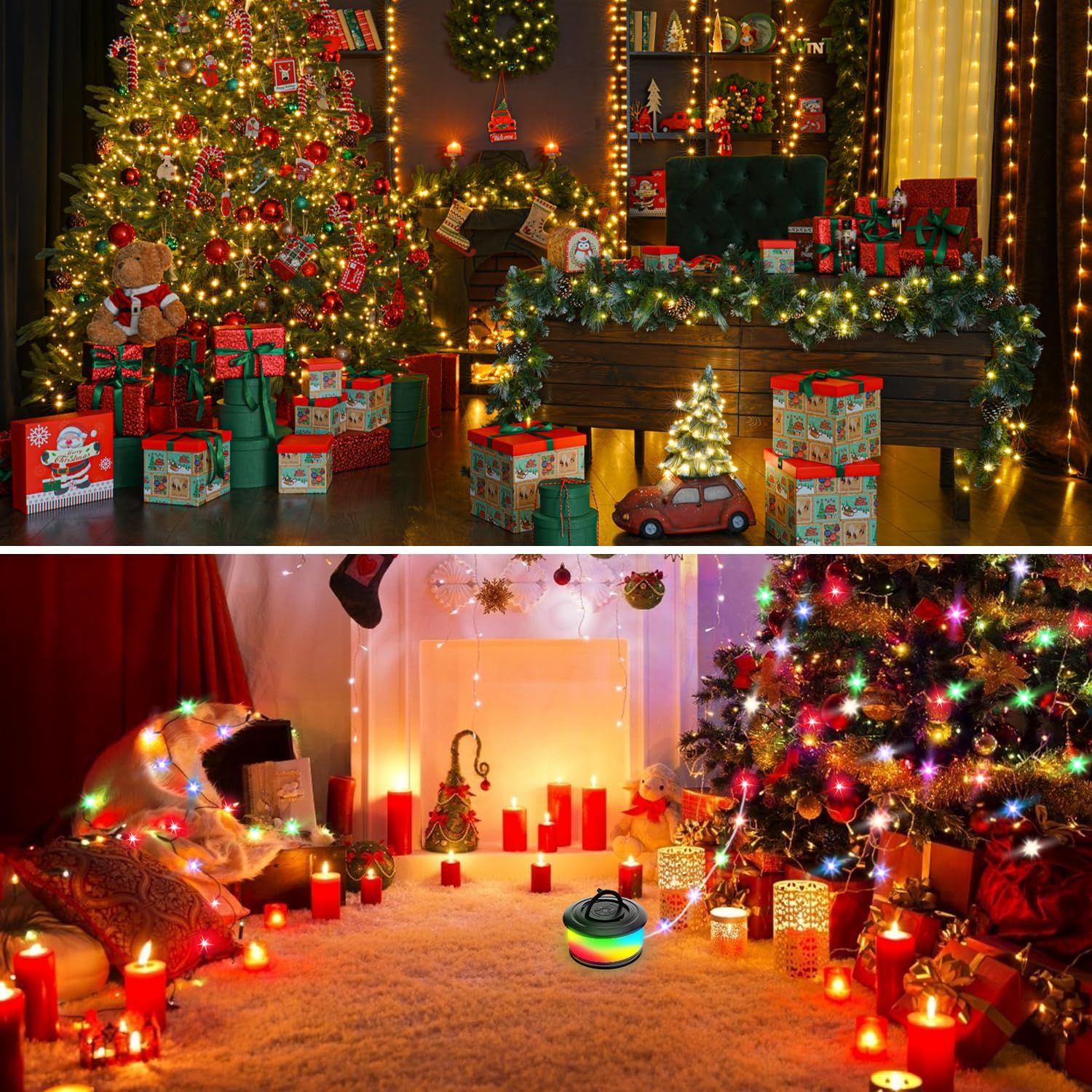 2 Pieces Camping String Lights, 3 in 1 Quick Storage 32.8FT Rechargeable Fairy String Lights with 6 Lighting Modes, Portable LED Lamp for Christmas Decor Patio Party Camping Essentials