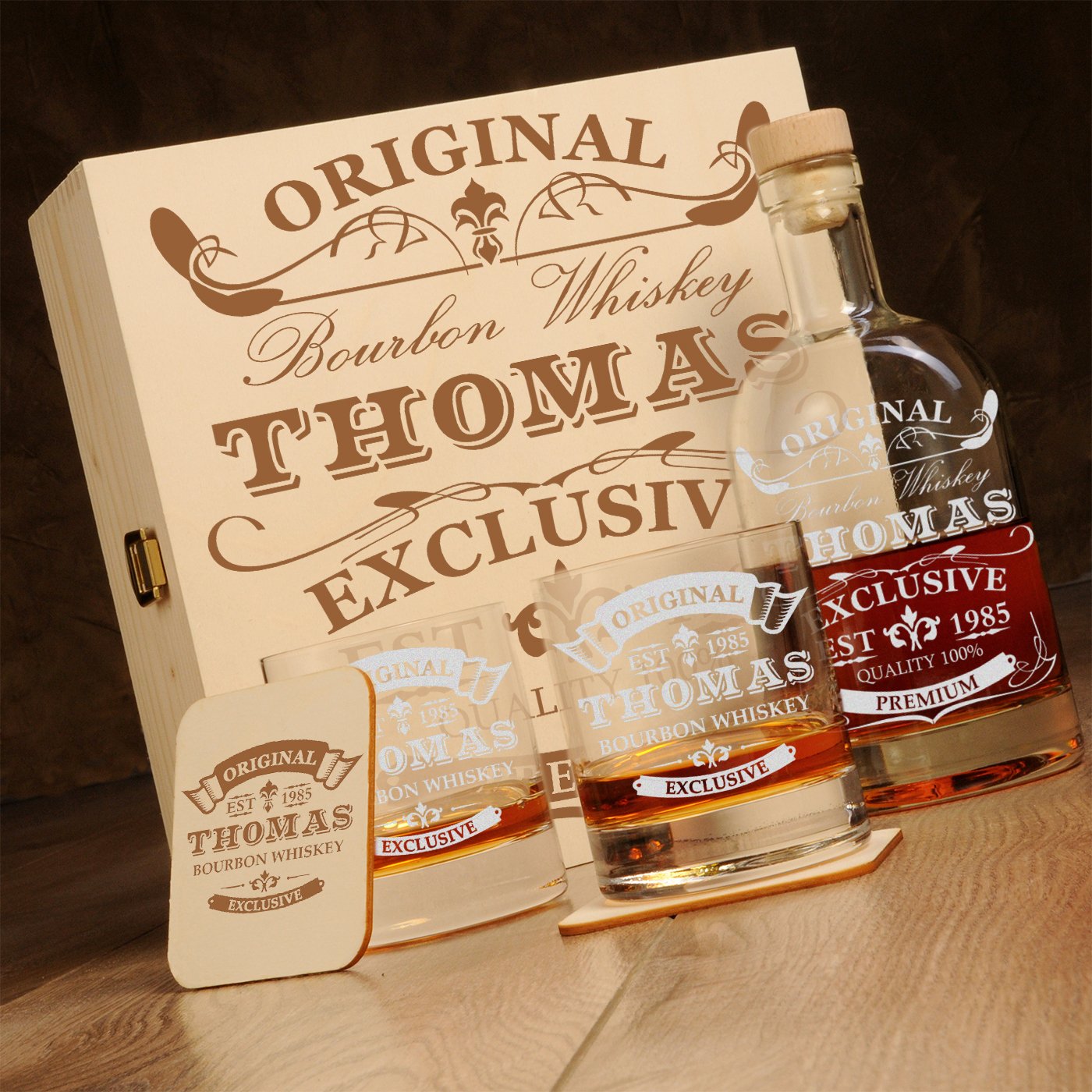 polar-effekt 6 pièces Coffret Cadeau en Coffret Bois avec Gravure - Deux Verres de Whisky, 2 Verres et Carafe de Whisky dans Une boîte Cadeau - Idée Cadeau individuelle - Motive Exclusive,