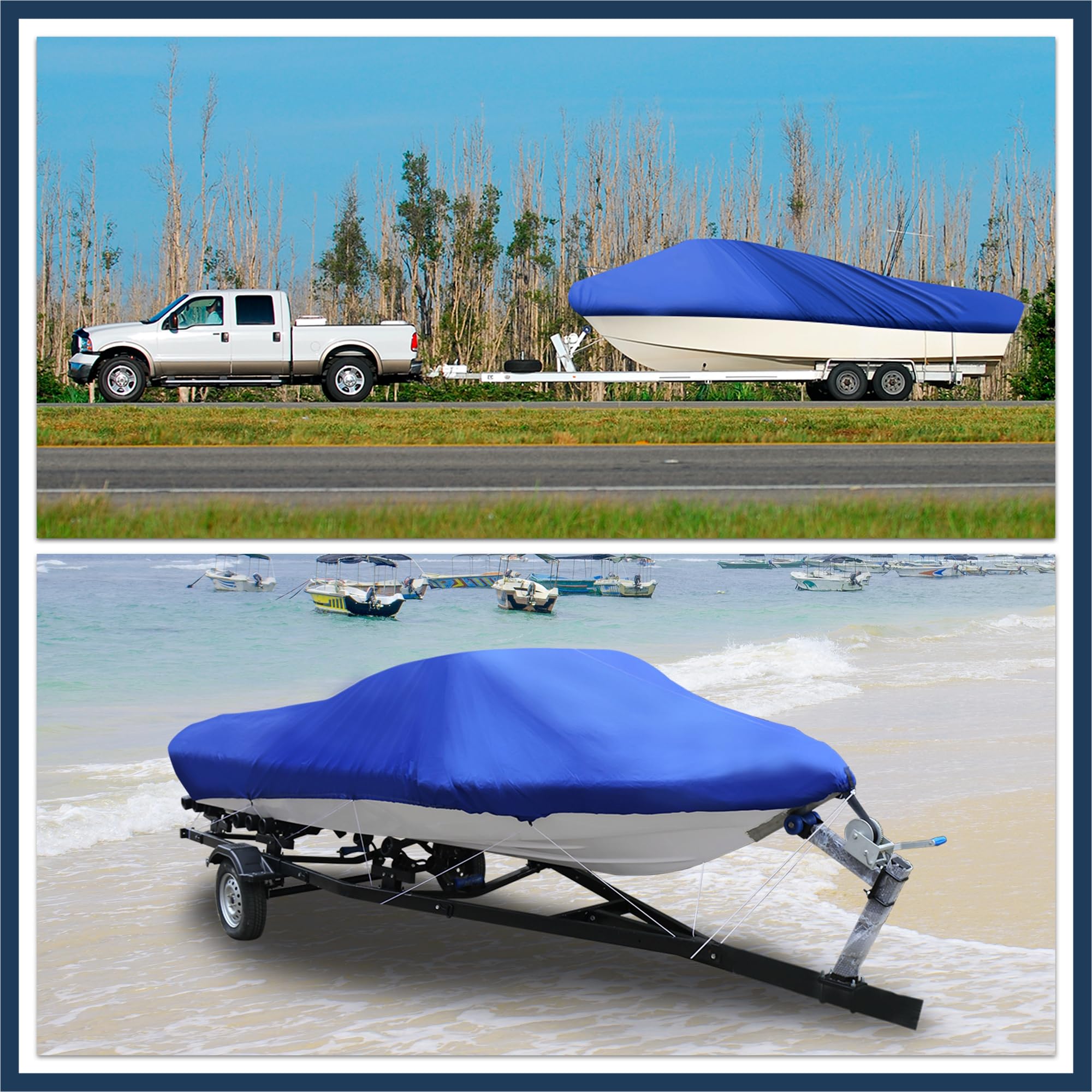 INFINAUTO 16-18ft 210D Trailerable Boat Cover Fishing Ski Bass Speedboat Blue Stylish Design, For 16-18ft, 94" Beam V-hull Boat - Image 3