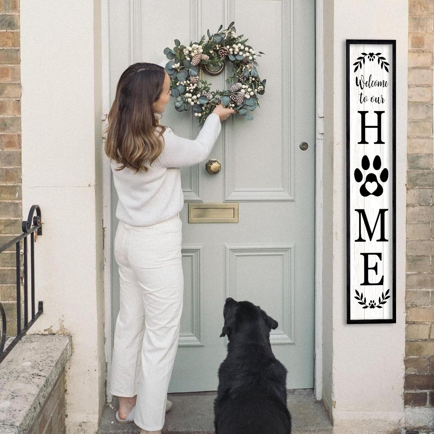 Surfapans Welcome To Our Home Sign For Front Porch Standing 45"X9" Large Rustic Farmhouse Outdoor Tall Wood Framed Vertical Paw Print Welcome Signs Modern Outside Front Door Wall Decor (Black)