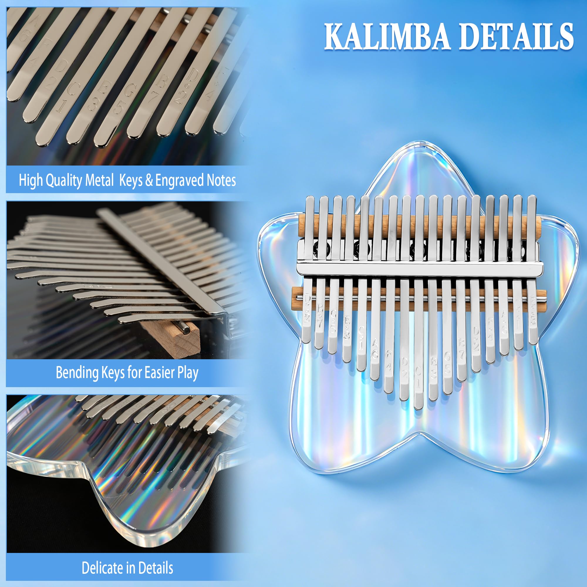 Rainbow Star Kalimba en acrylique 17 touches, piano à doigt Mbira portable avec étui de protection EVA, marteau d'accordage, instructions d'étude, cadeau musical pour adultes débutants