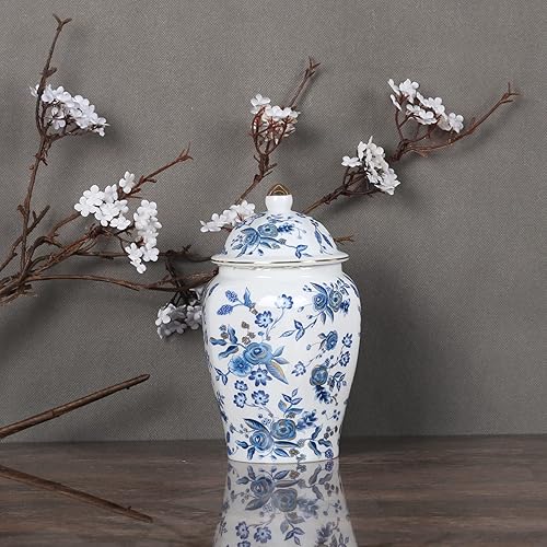 Miniatura 6 de Tarro de jengibre chino con tapa, estilo antiguo, decorativo para el hogar, retro, flores de porcelana azul y blanca, florero de cerámica cubierto,